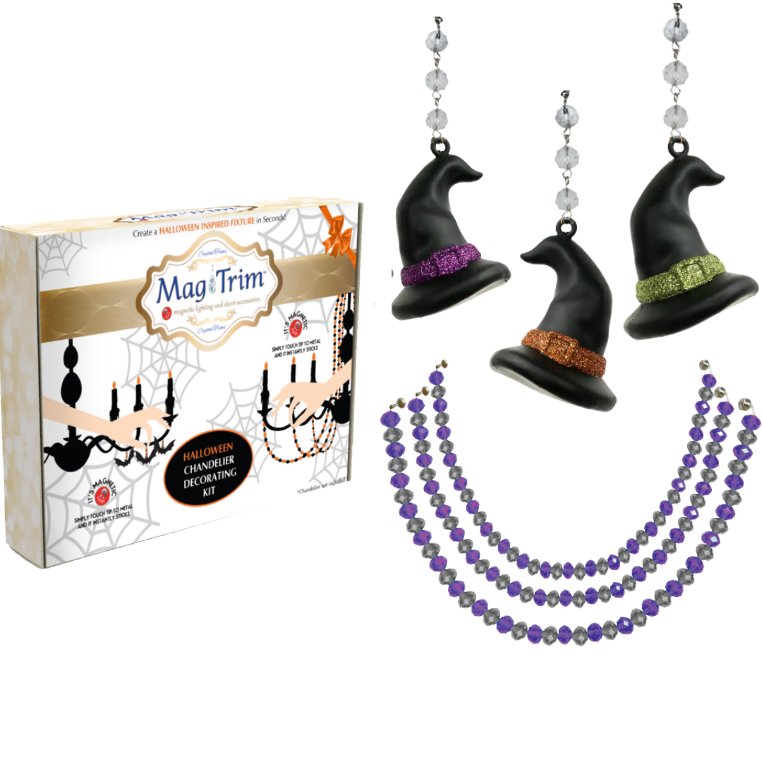 HALLOWEEN CHANDELIER MAKEOVER KIT - (3) Multi-Color Witch Hats + (3) 12" Purple/Silver Crystal Bead Garland