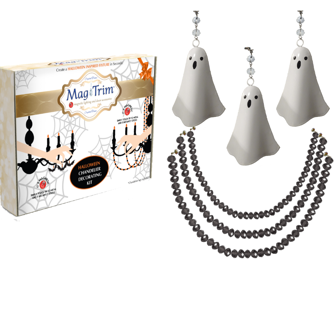 HALLOWEEN CHANDELIER MAKEOVER KIT - (3) Metal White Ghost + (3) 12" Black Crystal Bead Garland