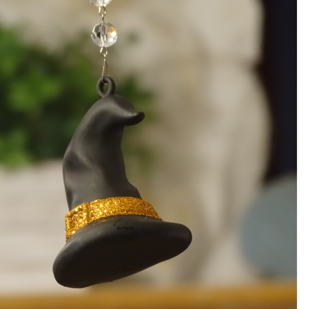 GLITTER WITCH HAT - MIXED SET -MULTICOLOR GOLD/GREEN/PURPLE (SET/3) MAGNETIC HALLOWEEN CHANDELIER ORNAMENT
