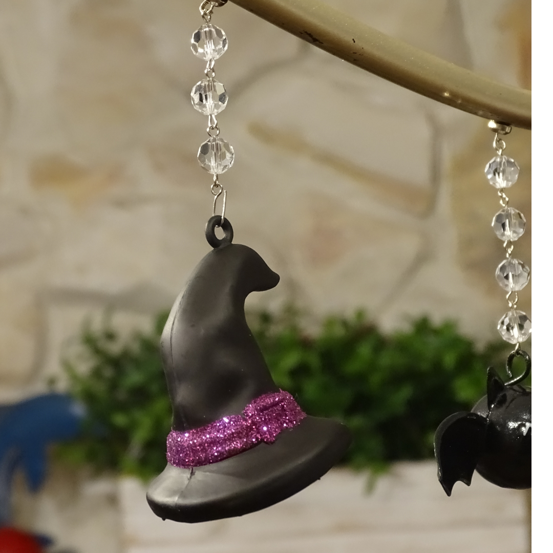GLITTER WITCH HAT - MIXED SET -MULTICOLOR GOLD/GREEN/PURPLE (SET/3) MAGNETIC HALLOWEEN CHANDELIER ORNAMENT