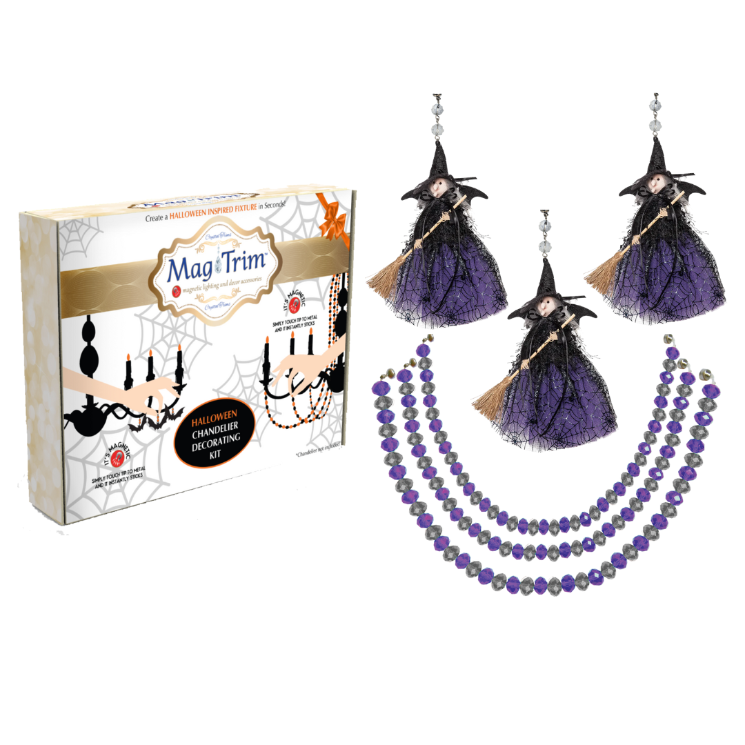 HALLOWEEN CHANDELIER MAKEOVER KIT - (3) Black/Purple Witch + (3) 12" Purple/Silver Crystal Bead Garland