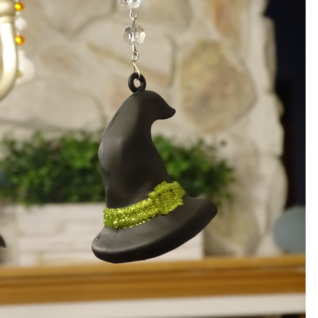 GLITTER WITCH HAT - MIXED SET -MULTICOLOR GOLD/GREEN/PURPLE (SET/3) MAGNETIC HALLOWEEN CHANDELIER ORNAMENT