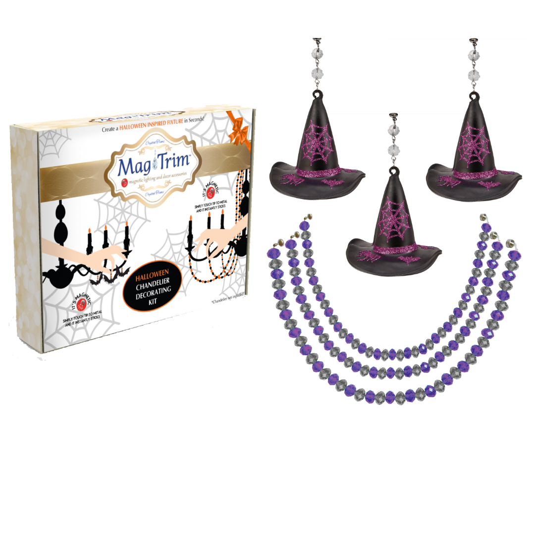 HALLOWEEN CHANDELIER MAKEOVER KIT - (3) Witch Hat + (3) 12" Purple/Silver Crystal Bead Garland