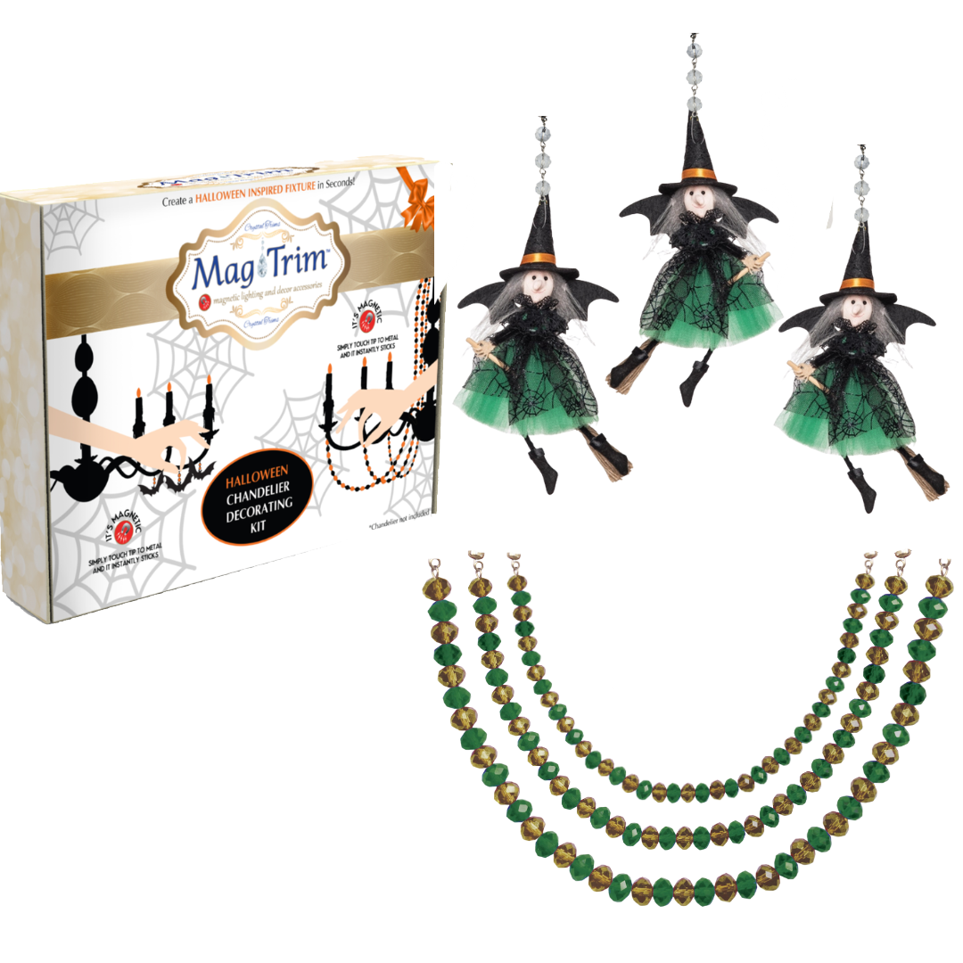 HALLOWEEN CHANDELIER MAKEOVER KIT - (3) Black/Green Witch + (3) 12" Green/Gold Crystal Bead Garland