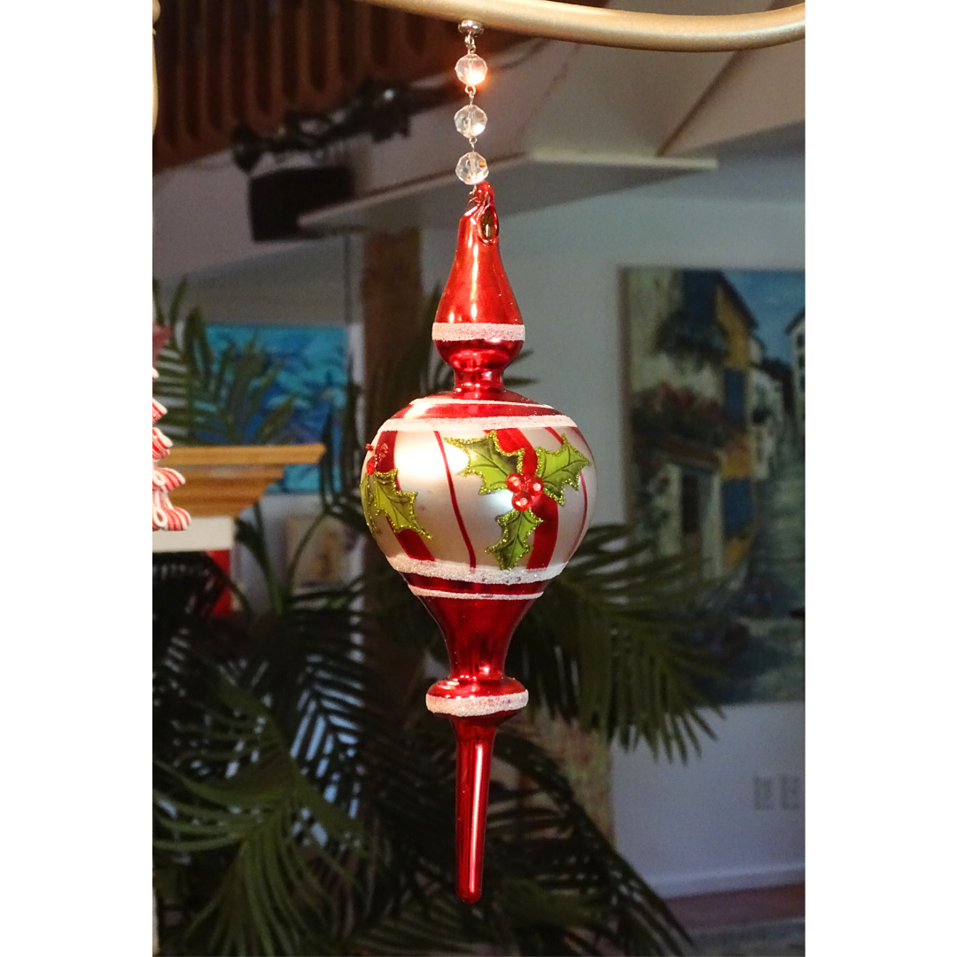 9" RED/WHITE HOLLY FINIAL (Set/1) MAGNETIC CHANDELIER ORNAMENT