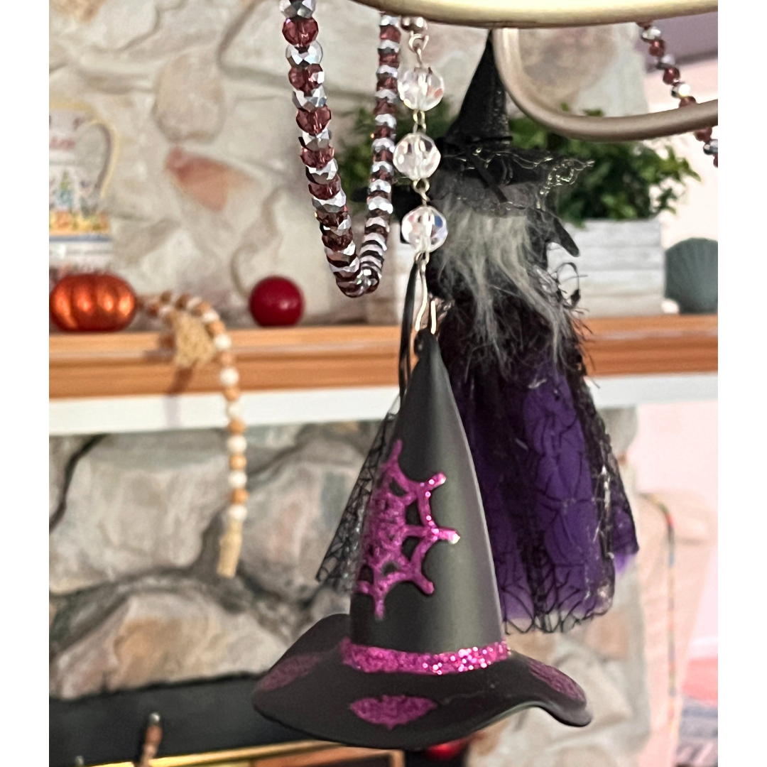 HALLOWEEN CHANDELIER MAKEOVER KIT - (3) Witch Hat + (3) 12" Purple/Silver Crystal Bead Garland