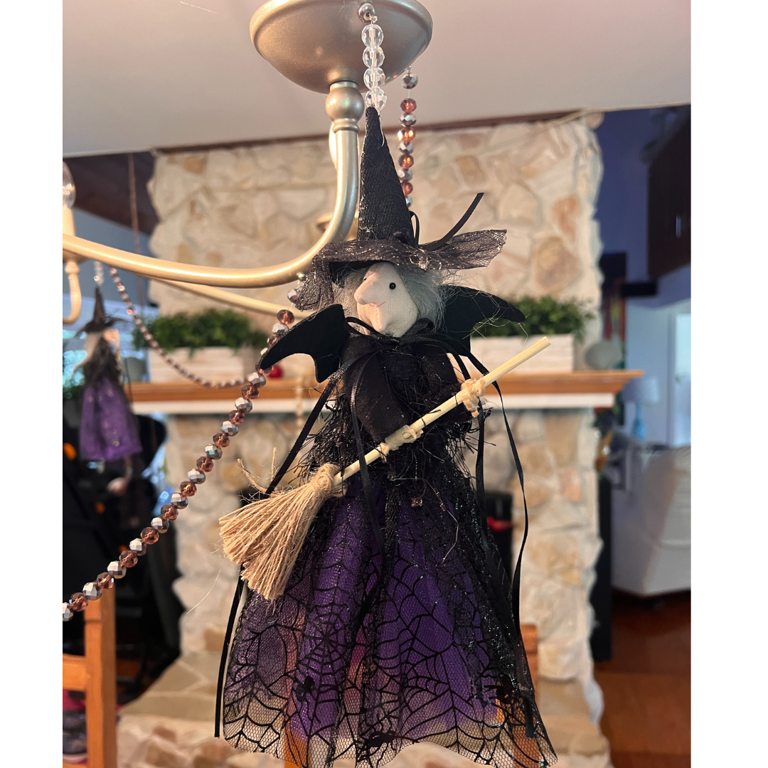HALLOWEEN CHANDELIER MAKEOVER KIT - (3) Black/Purple Witch + (3) 12" Purple/Silver Crystal Bead Garland
