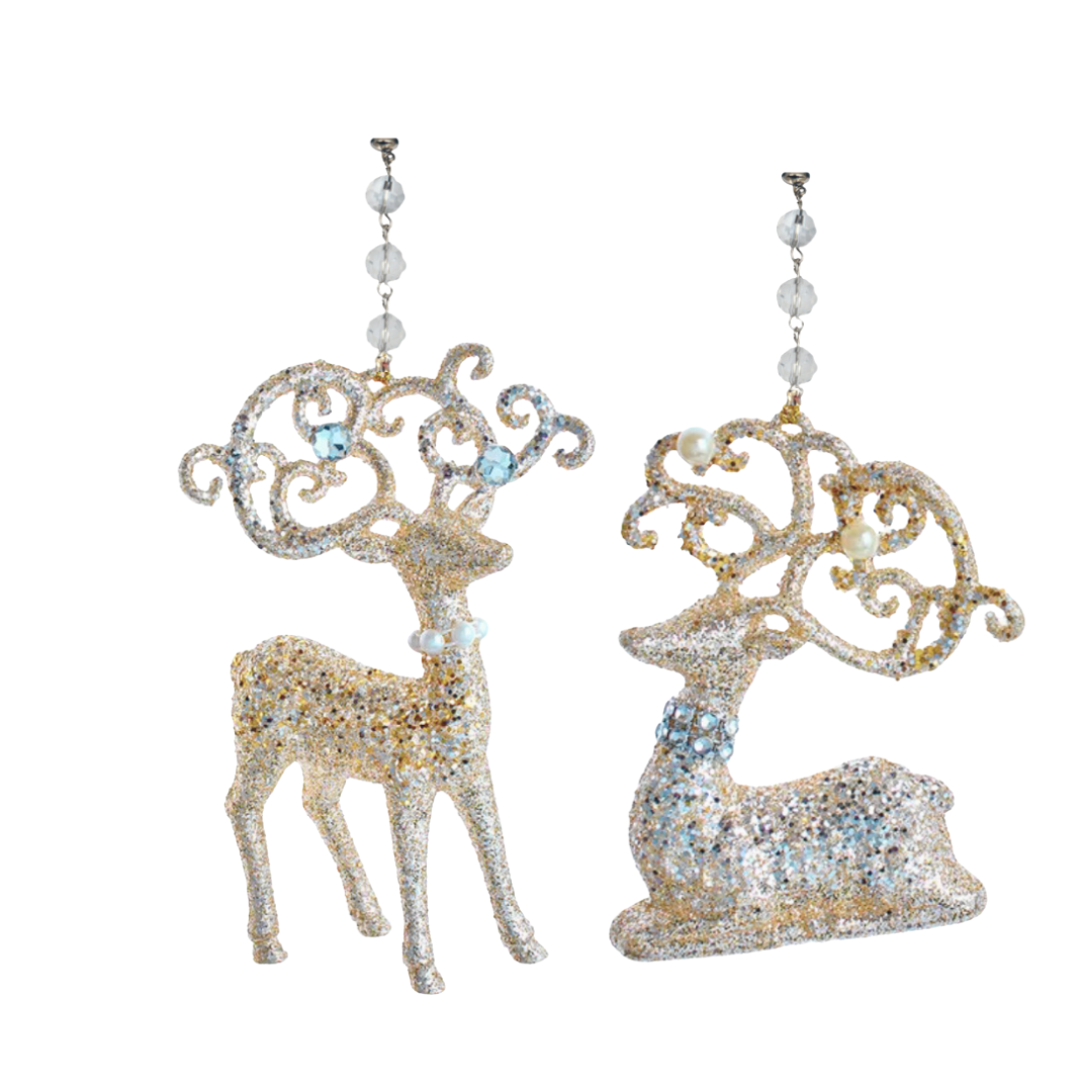 GLITTER PLATINUM SILVER REINDEER (Set/3) MAGNETIC CHANDELIER ORNAMENT - 2 STYLES AVAILABLE