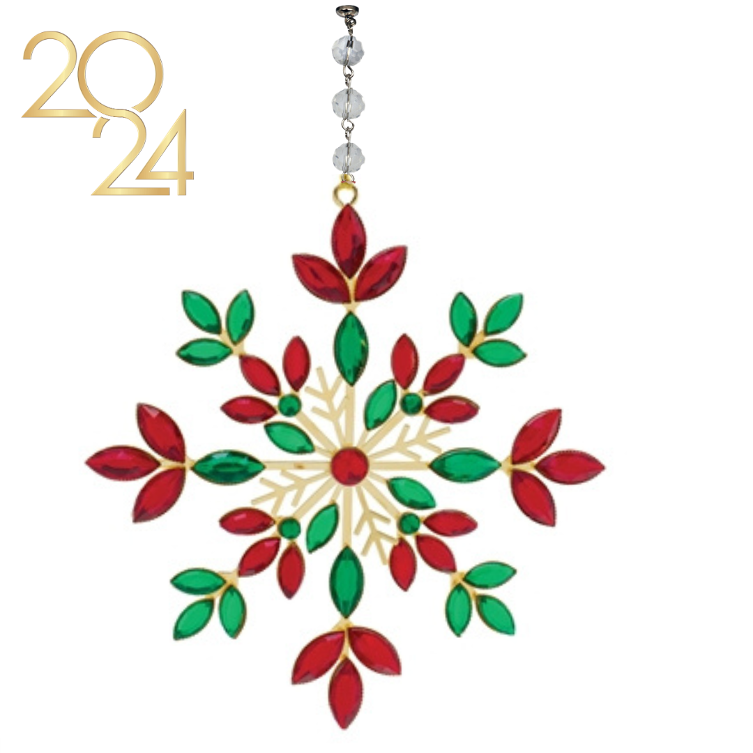 RED+GREEN JEWELED METAL SNOWFLAKE (Set/1) or (Set/3) MAGNETIC CHANDELIER ACCESSORY