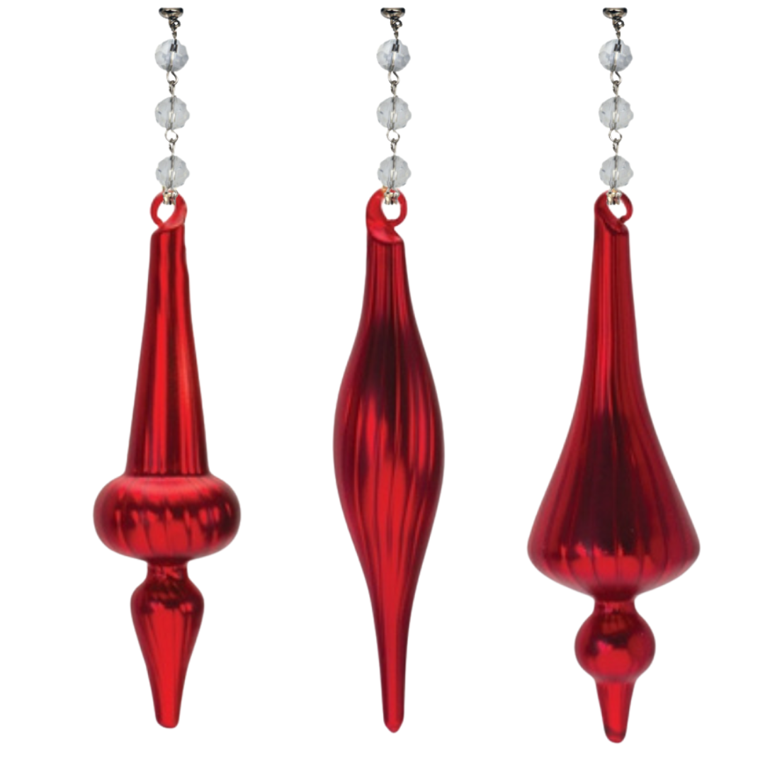 6" RED GLASS FINIAL (Set/1) or (Set/3) MAGNETIC CHANDELIER ORNAMENT - 3 STYLES AVAILABLE