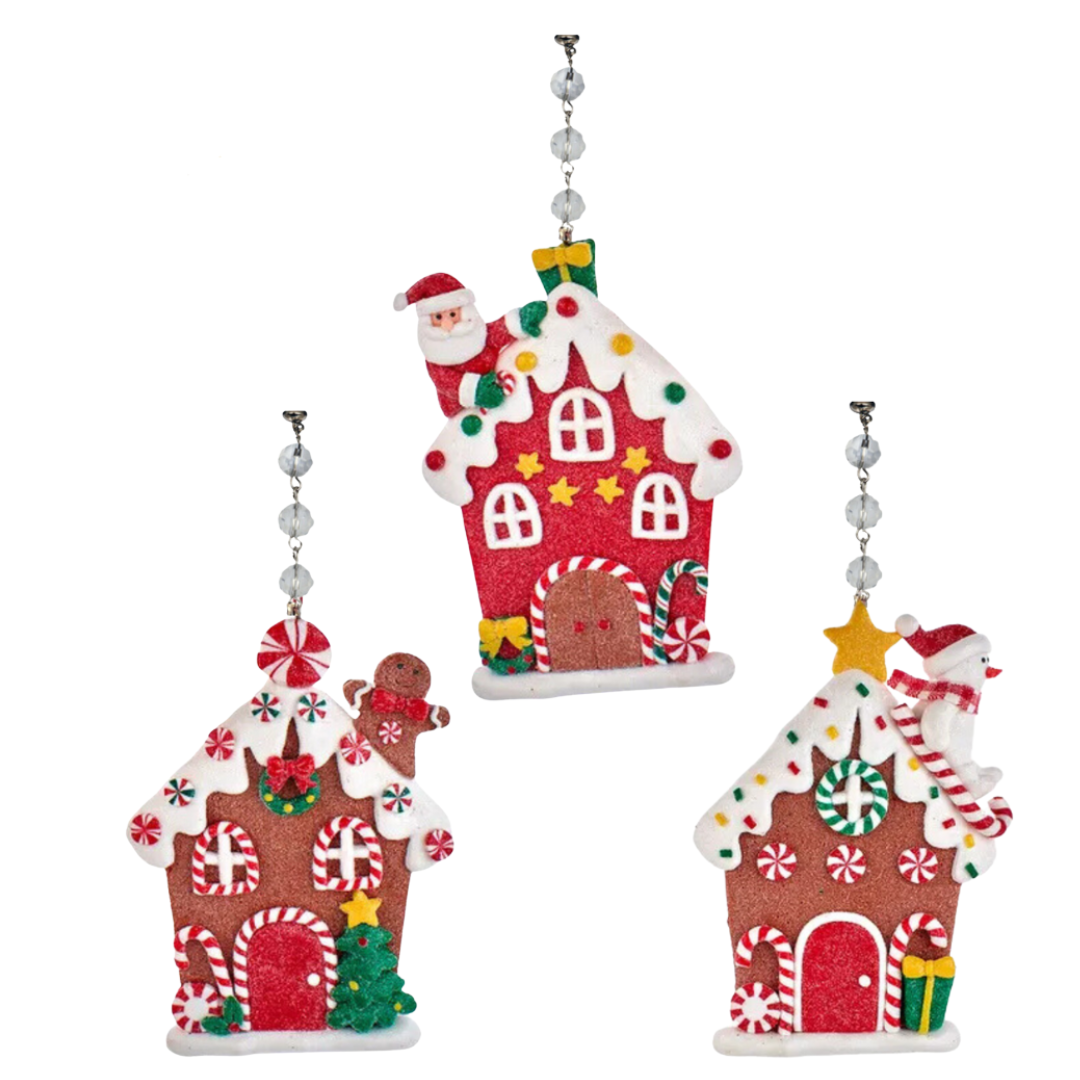 WHIMSICAL FLAT GINGERBREAD HOUSE (Set/1) MAGNETIC CHANDELIER ORNAMENT - 3 STYLES AVAILABLE