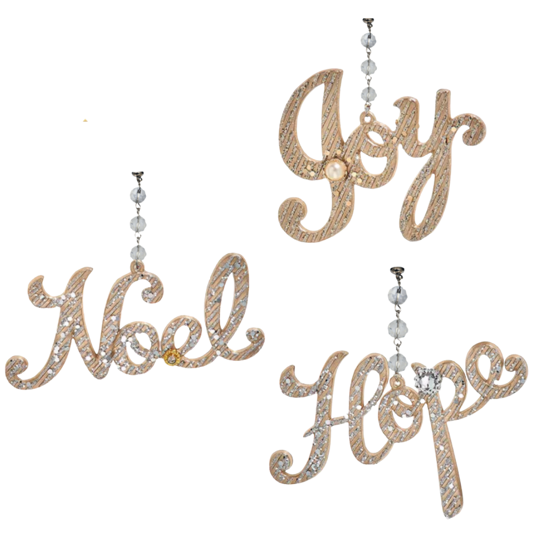 PLATINUM SILVER HOPE, NOEL, JOY (Set/1) MAGNETIC CHANDELIER ORNAMENT