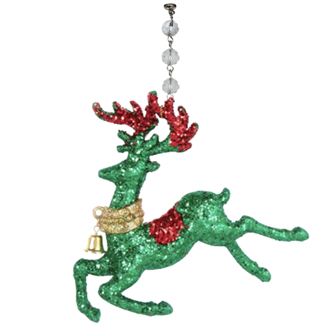 GLITTER GREEN REINDEER (Set/3) MAGNETIC CHANDELIER ORNAMENT