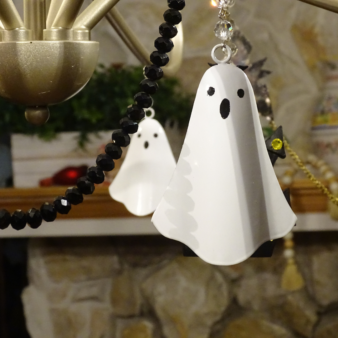 HALLOWEEN CHANDELIER MAKEOVER KIT - (3) Metal White Ghost + (3) 12" Black Crystal Bead Garland