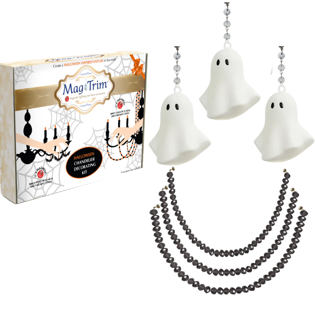 HALLOWEEN CHANDELIER MAKEOVER KIT - (3) Resin White Ghost + (3) 12" Black Crystal Bead Garland (Copy)