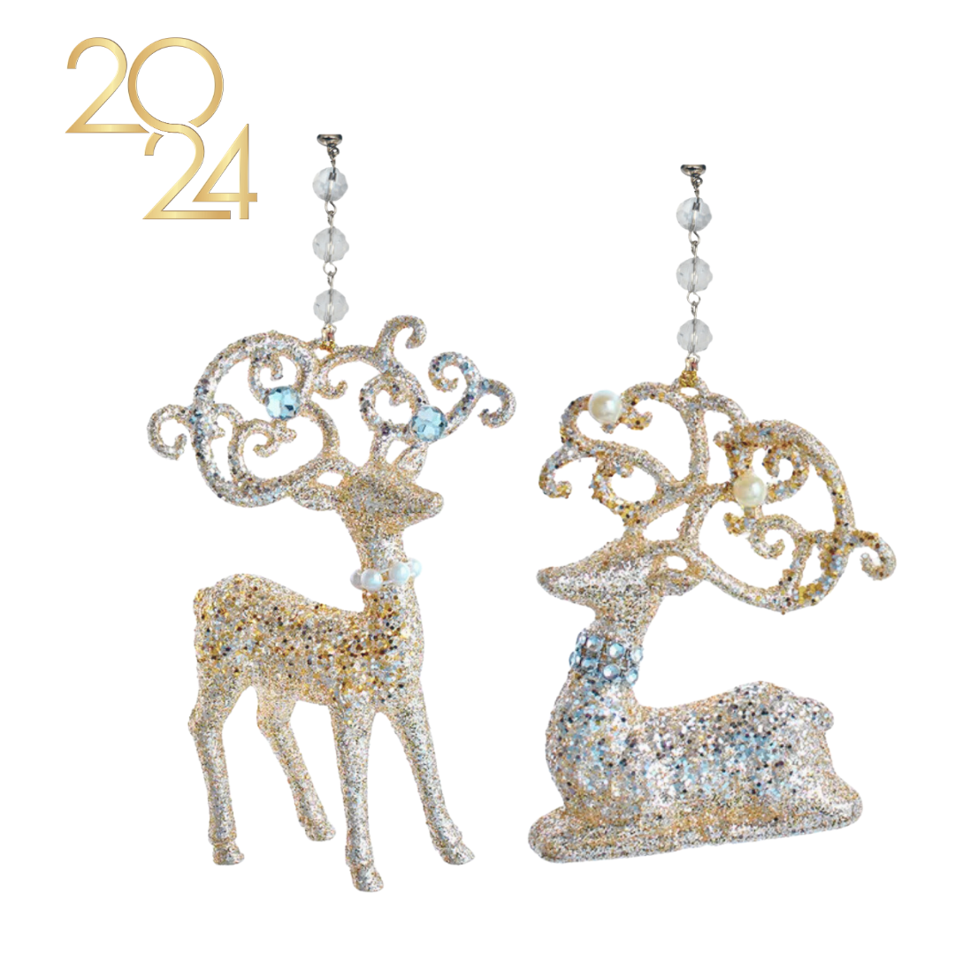 GLITTER PLATINUM SILVER REINDEER (Set/3) MAGNETIC CHANDELIER ORNAMENT - 2 STYLES AVAILABLE