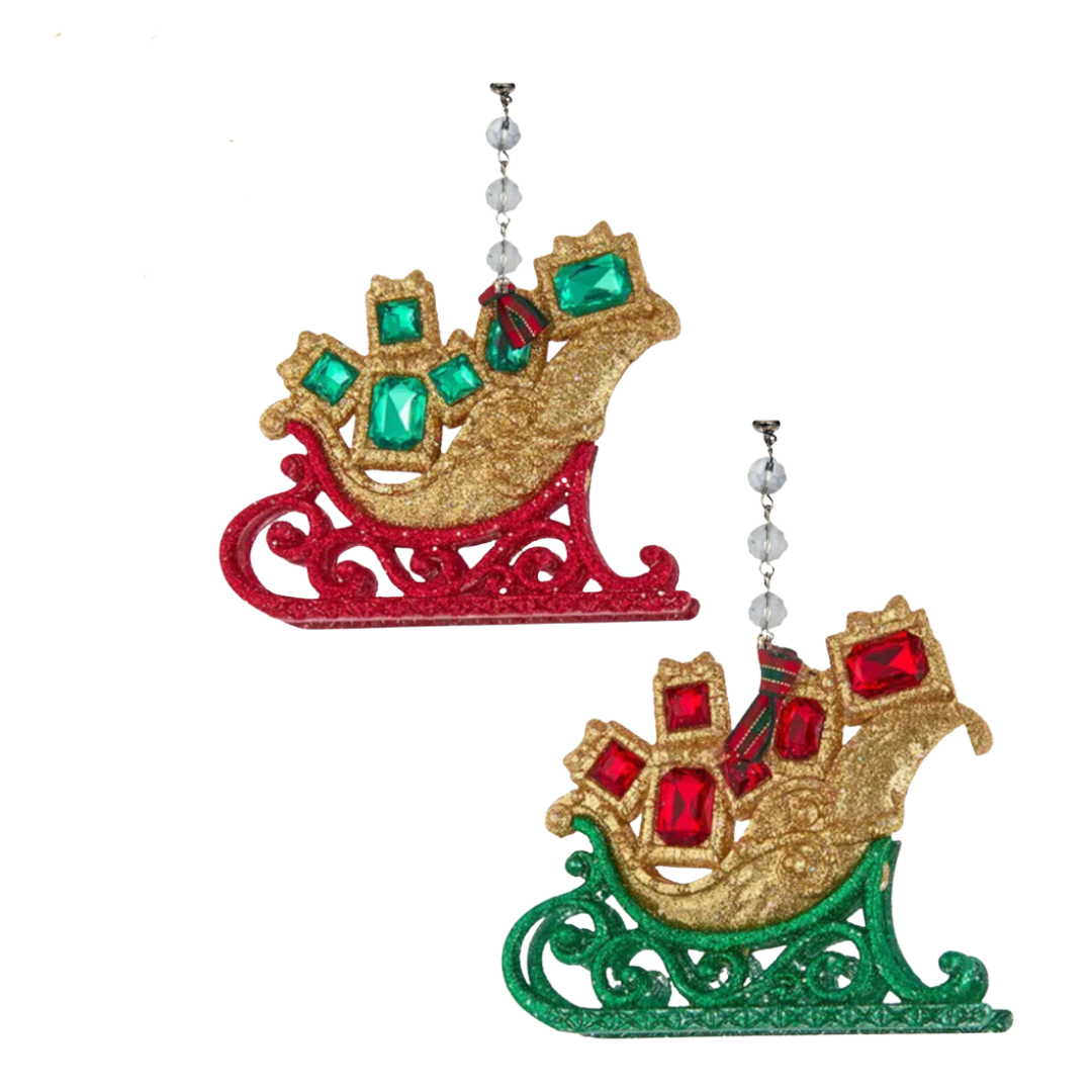 JEWELED RED/GREEN SLEIGH (Set/3) MAGNETIC CHANDELIER ORNAMENT - 2 STYLES AVAILABLE