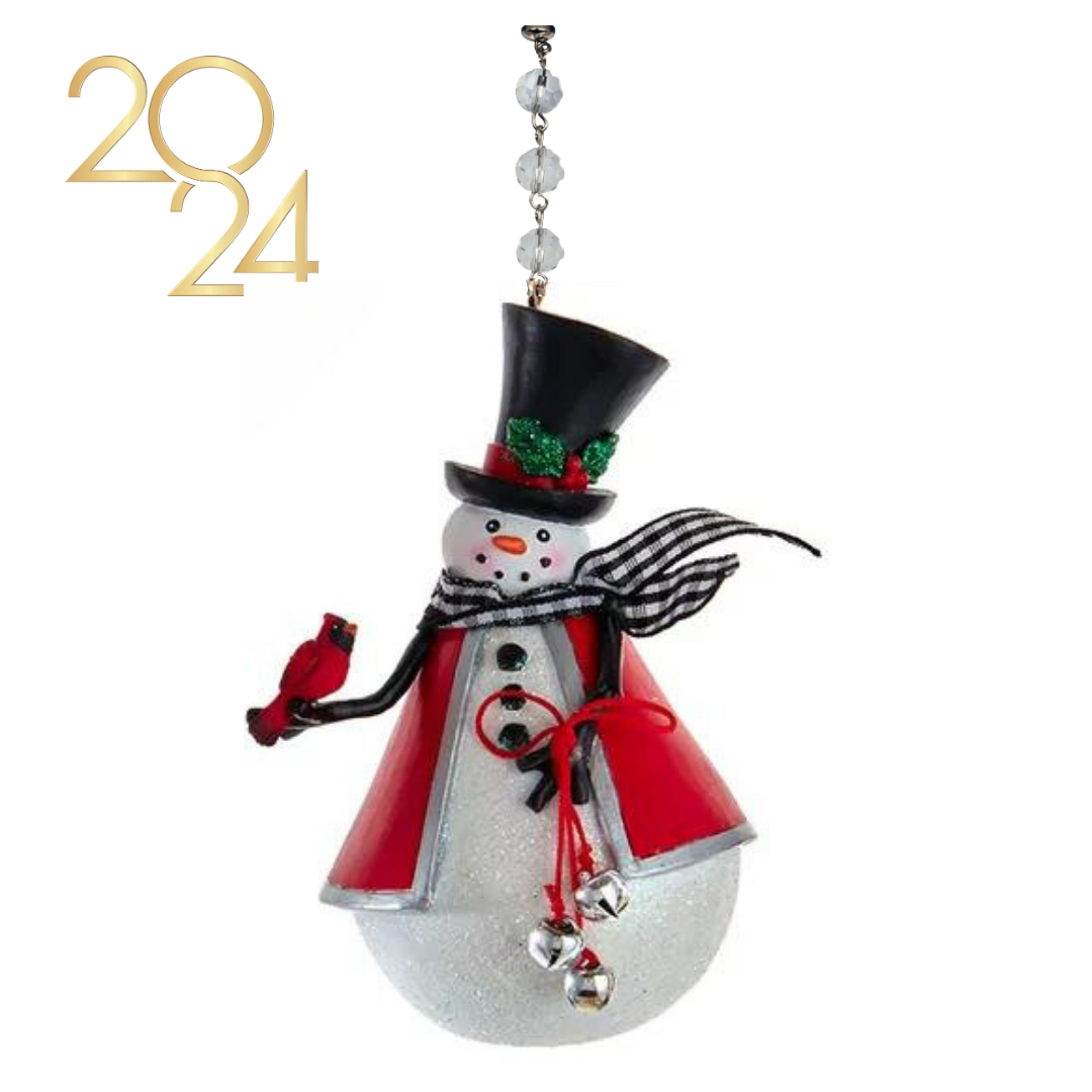 GINGHAM SNOWMAN HOLDING CARDINAL (Set/1) MAGNETIC CHANDELIER ORNAMENT - 2 STYLES AVAILABLE