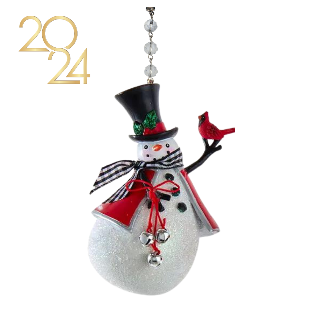 GINGHAM SNOWMAN HOLDING CARDINAL (Set/1) MAGNETIC CHANDELIER ORNAMENT - 2 STYLES AVAILABLE