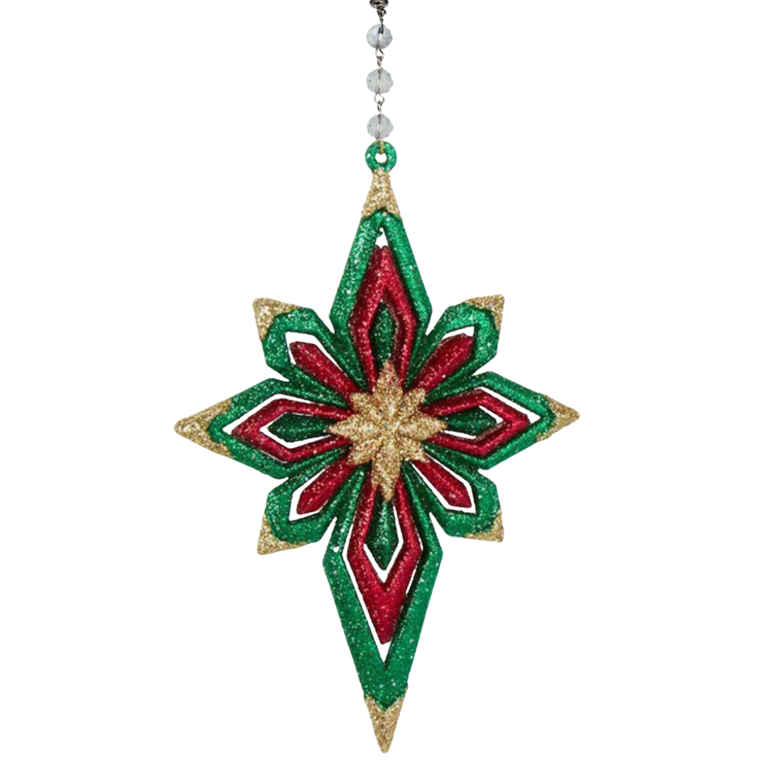 GLITTER RED/GREEN STAR (Set/3) MAGNETIC CHANDELIER ORNAMENT