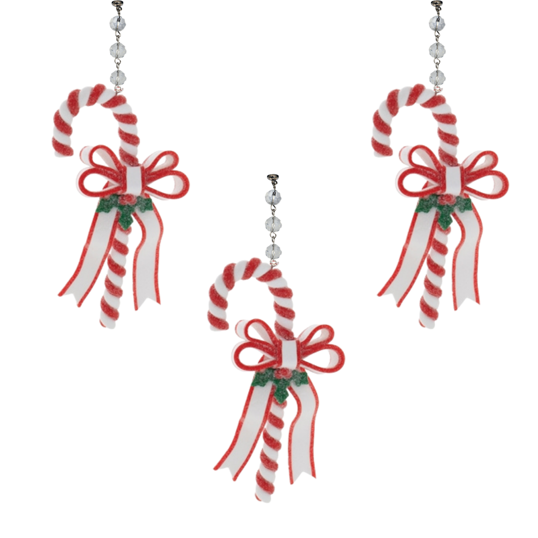 CANDY CANE w/ GREEN BOW (Set/3) MAGNETIC CHANDELIER ORNAMENT