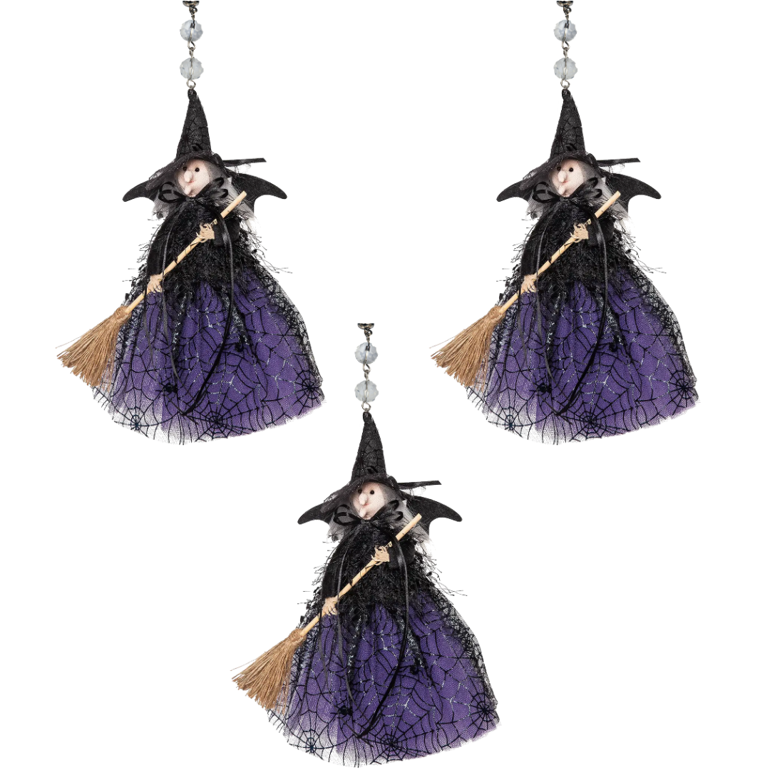 BLACK + PURPLE WITCH (Set/1) OR (Set/3) MAGNETIC HALLOWEEN CHANDELIER ORNAMENT