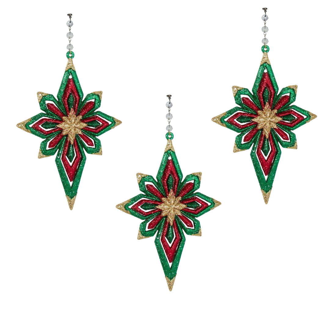 GLITTER RED/GREEN STAR (Set/3) MAGNETIC CHANDELIER ORNAMENT