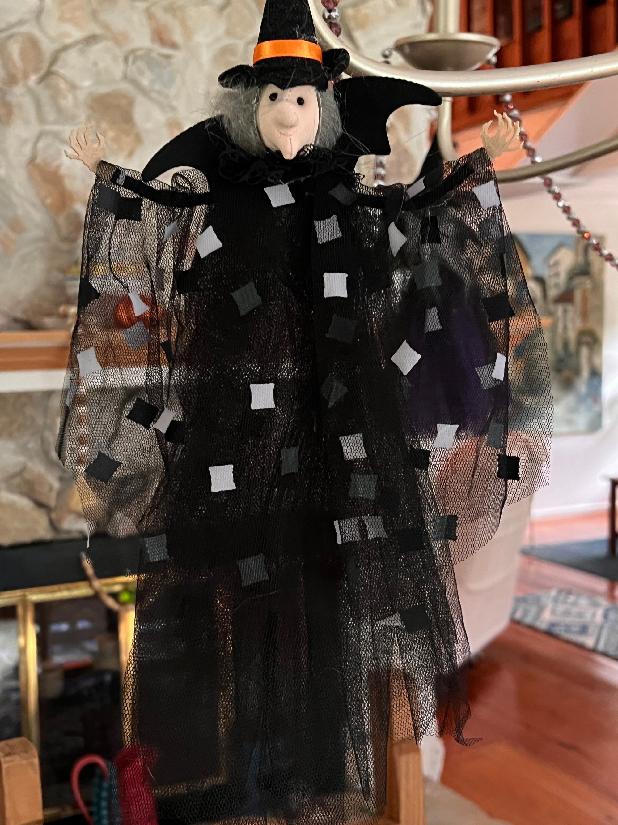 BLACK + WHITE "CHECKERED" WITCH (Set/1) MAGNETIC HALLOWEEN CHANDELIER ORNAMENT