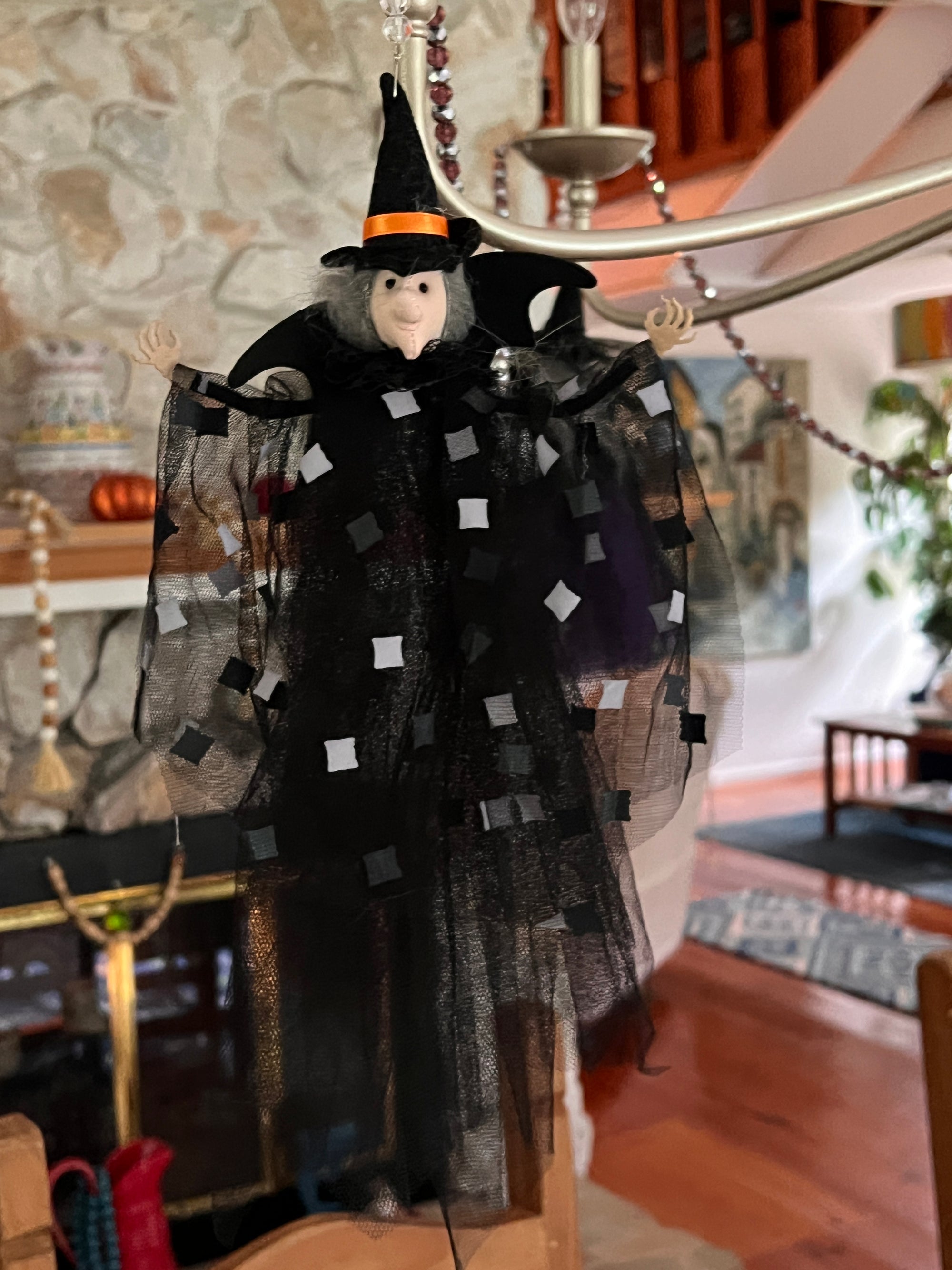 BLACK + WHITE "CHECKERED" WITCH (Set/1) MAGNETIC HALLOWEEN CHANDELIER ORNAMENT