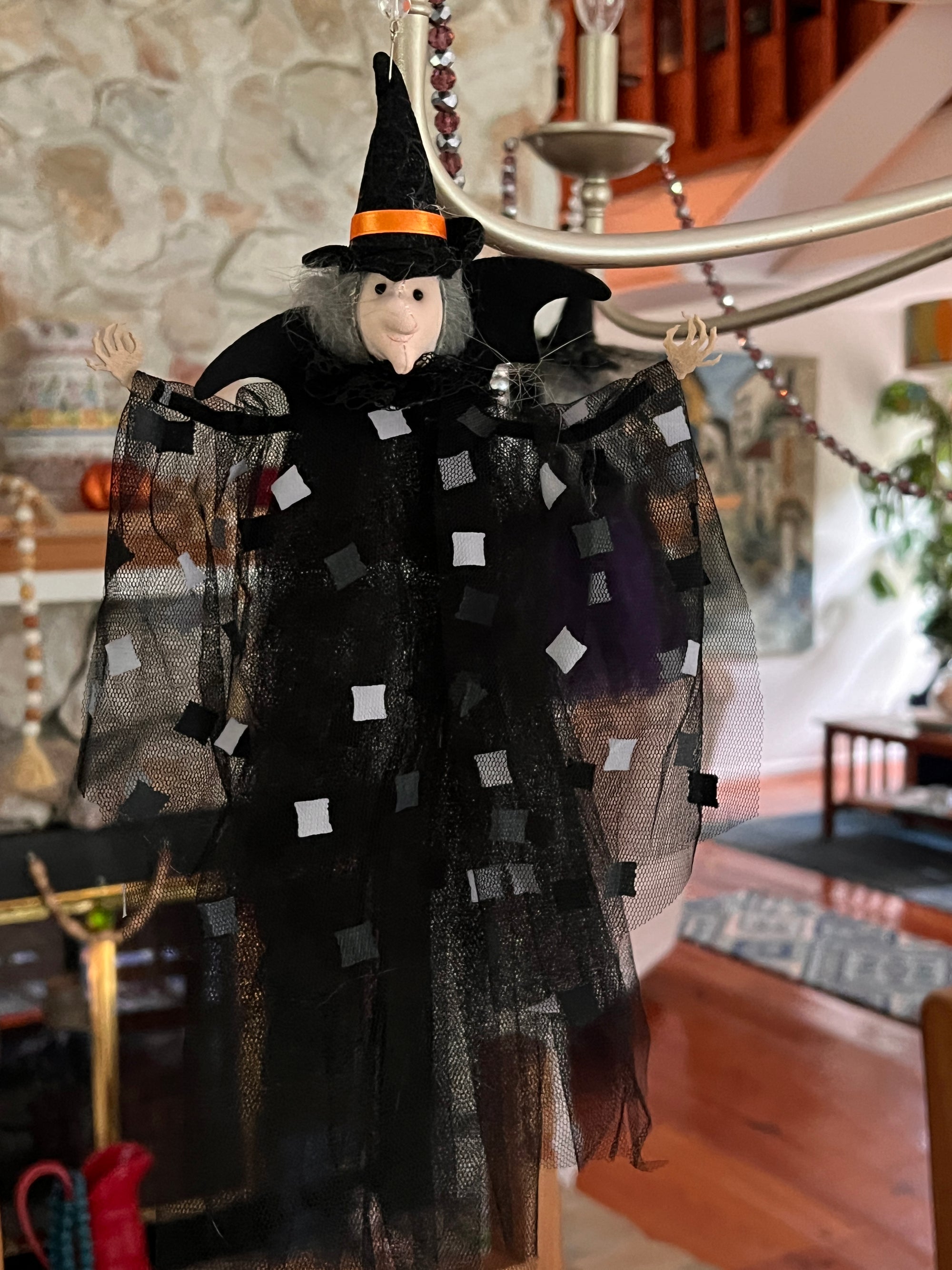 BLACK + WHITE "CHECKERED" WITCH (Set/1) MAGNETIC HALLOWEEN CHANDELIER ORNAMENT