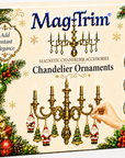 MagTrim Chandelier Ornaments Set of 3 in its retail packaging box, decorated with festive Christmas greenery, red berries, gold ornaments, and a chandelier illustration.