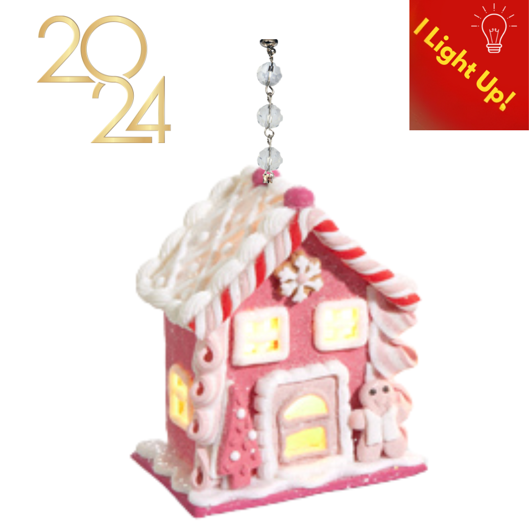 PINK LIGHT UP GINGERBREAD HOUSE (Set 1) - Multiple Styles -MAGNETIC CHANDELIER ORNAMENT