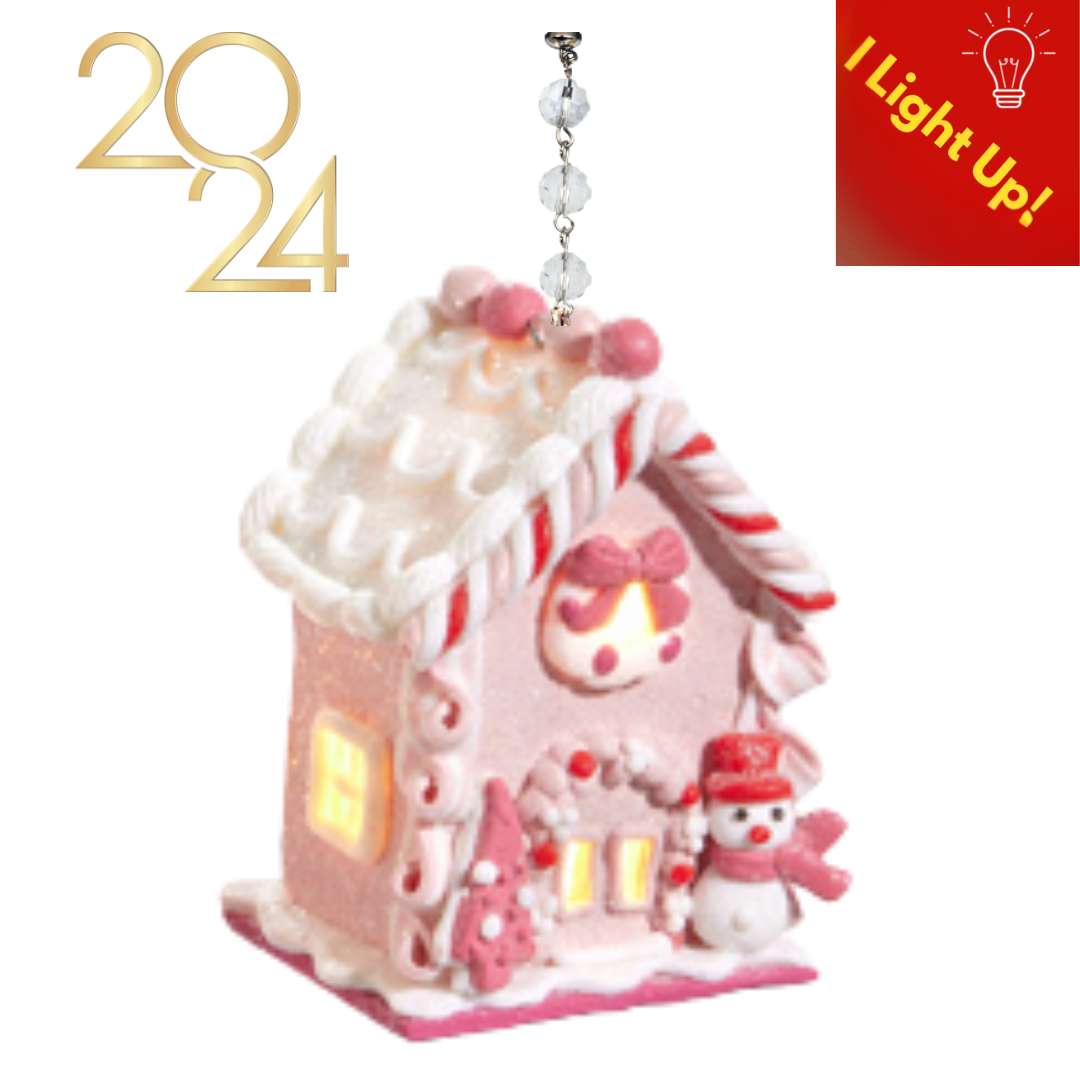 PINK LIGHT UP GINGERBREAD HOUSE (Set 1) - Multiple Styles -MAGNETIC CHANDELIER ORNAMENT