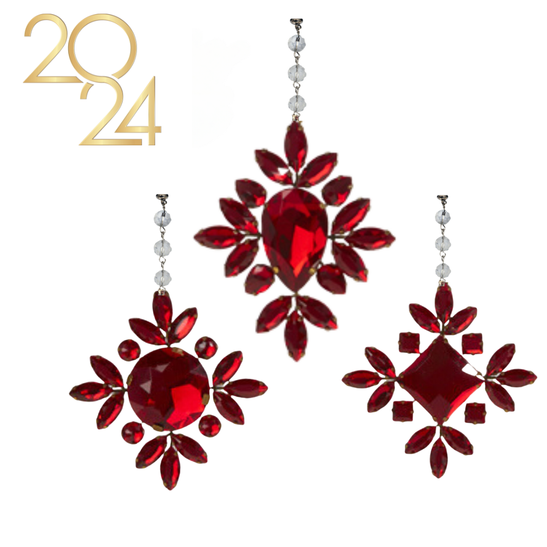 VINTAGE RED JEWEL SNOWFLAKES (Set/1) OR (SET/3) MAGNETIC CHANDELIER ORNAMENT - 3 STYLES AVAILABLE