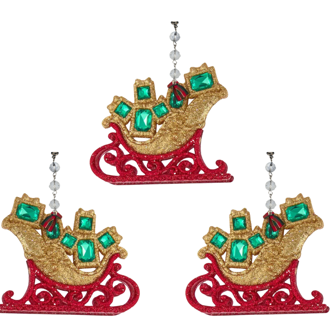 JEWELED RED/GREEN SLEIGH (Set/3) MAGNETIC CHANDELIER ORNAMENT - 2 STYLES AVAILABLE