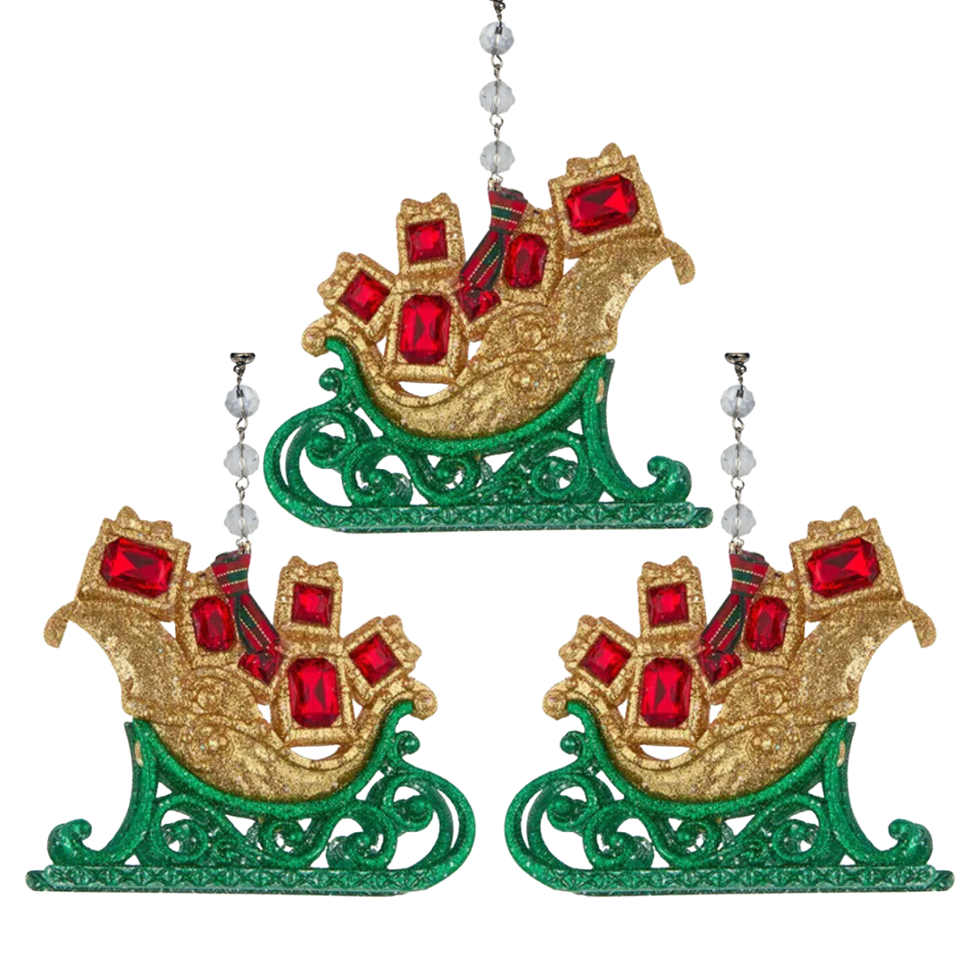 JEWELED RED/GREEN SLEIGH (Set/3) MAGNETIC CHANDELIER ORNAMENT - 2 STYLES AVAILABLE