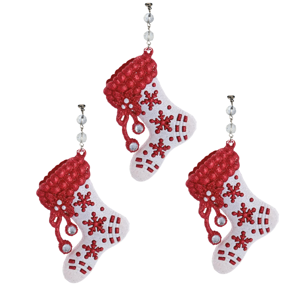 RED WHITE JEWELED STOCKING - (Set/3) MAGNETIC CHANDELIER ORNAMENT - 2 STYLES AVAILABLE