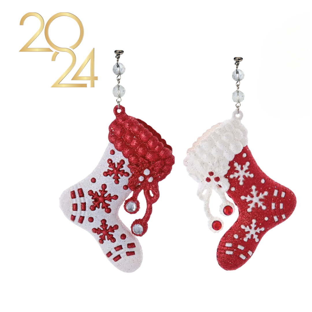RED WHITE JEWELED STOCKING - (Set/3) MAGNETIC CHANDELIER ORNAMENT - 2 STYLES AVAILABLE