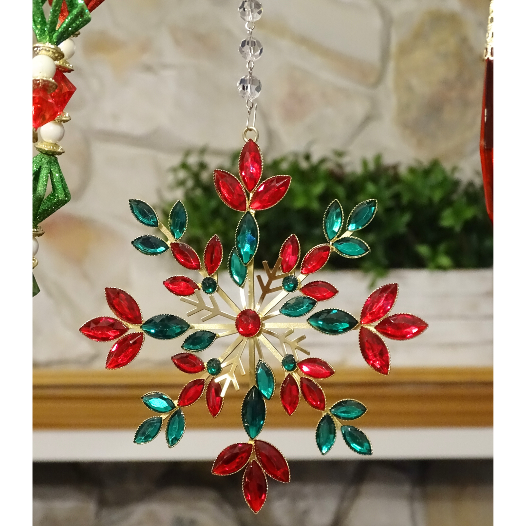 RED+GREEN JEWELED METAL SNOWFLAKE (Set/1) or (Set/3) MAGNETIC CHANDELIER ACCESSORY