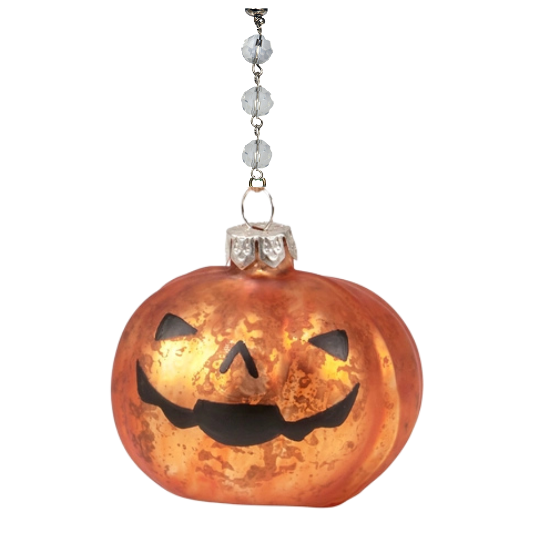 GLASS PUMPKIN w/FACE - (Set/1) - MAGNETIC HALLOWEEN ORNAMENT