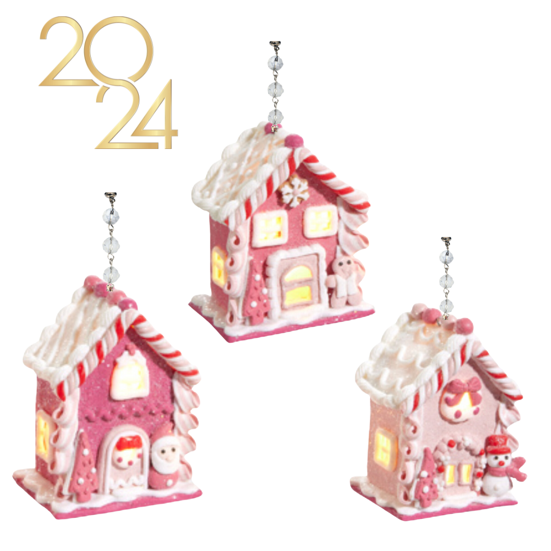 PINK LIGHT UP GINGERBREAD HOUSE (Set 1) - Multiple Styles -MAGNETIC CHANDELIER ORNAMENT