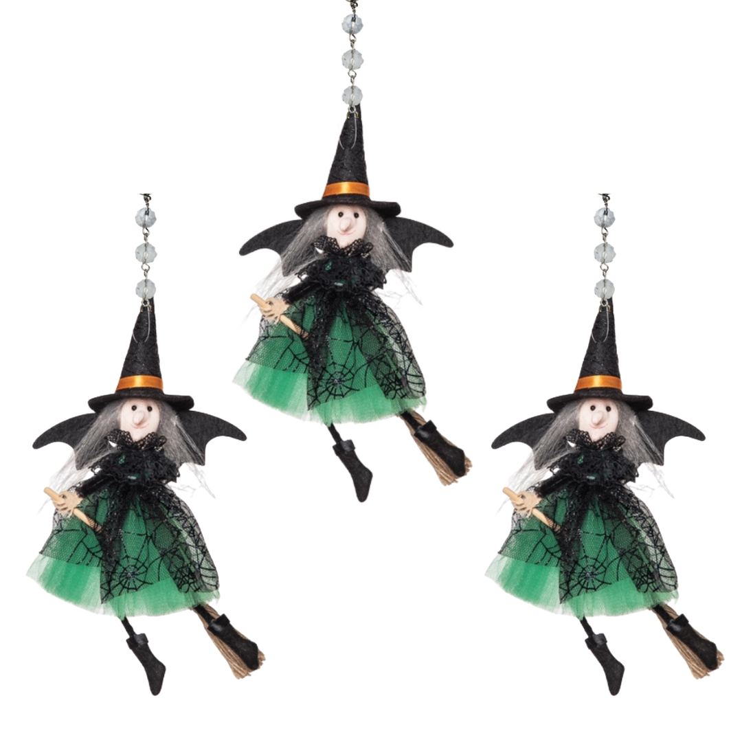 BLACK + GREEN WITCH (Set/1) or (Set/3) MAGNETIC HALLOWEEN CHANDELIER ORNAMENT