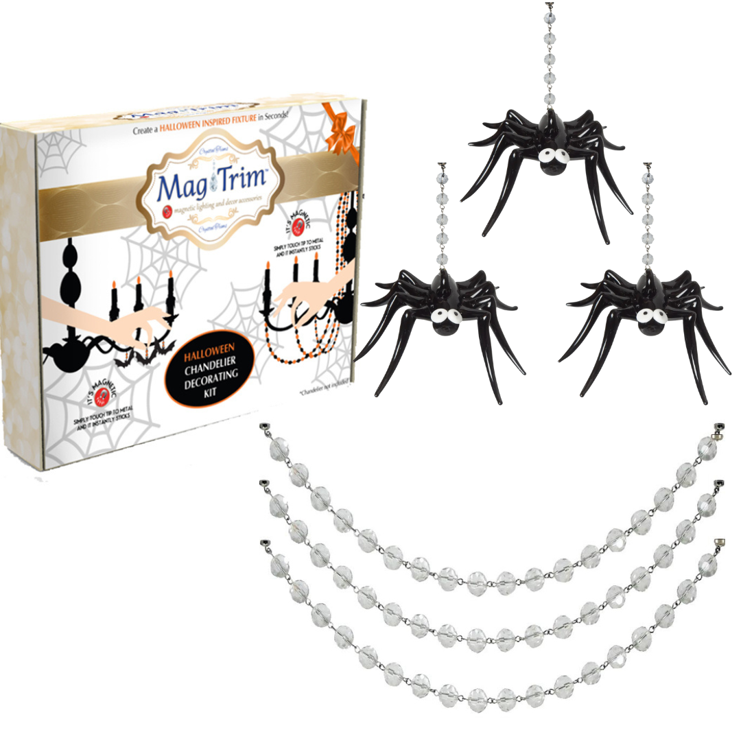 HALLOWEEN CHANDELIER MAKEOVER KIT - (3) Glass Spider + (3) 12" Clear Crystal Bead Garland