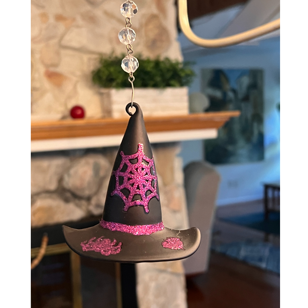 HALLOWEEN CHANDELIER MAKEOVER KIT - (3) Witch Hat + (3) 12" Purple/Silver Crystal Bead Garland