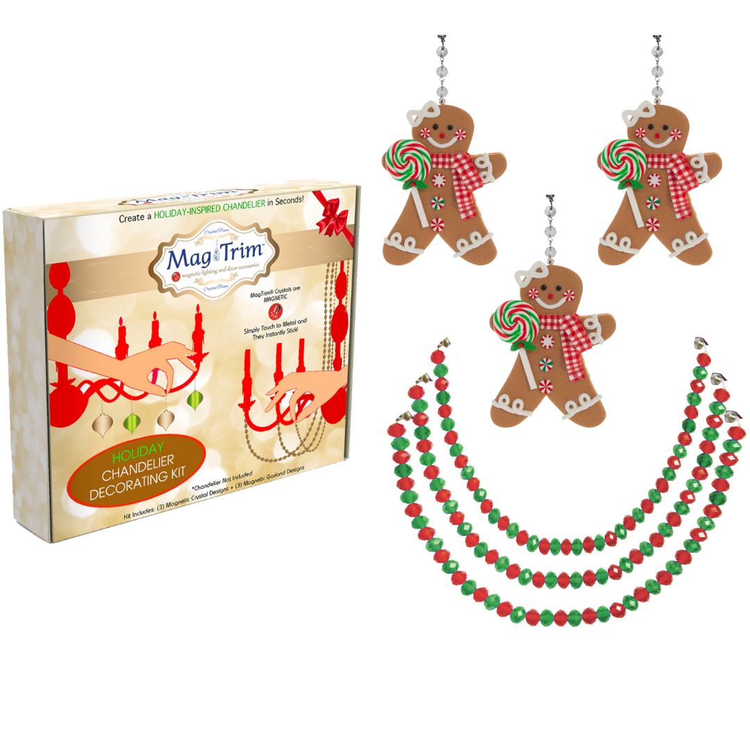 HOLIDAY CHANDELIER MAKEOVER KIT - (3) Gingerbread Girl + (3) 12" Red/Green Bead Crystal Garland