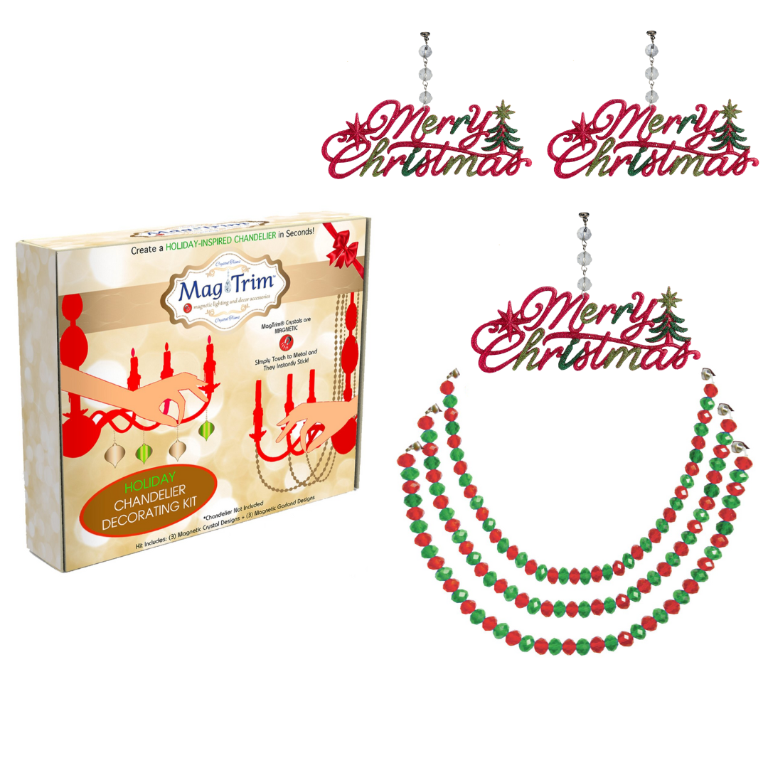 HOLIDAY CHANDELIER MAKEOVER KIT - (3) Red/Green Merry Christmas + (3) 12" Red/Green Crystal Garland
