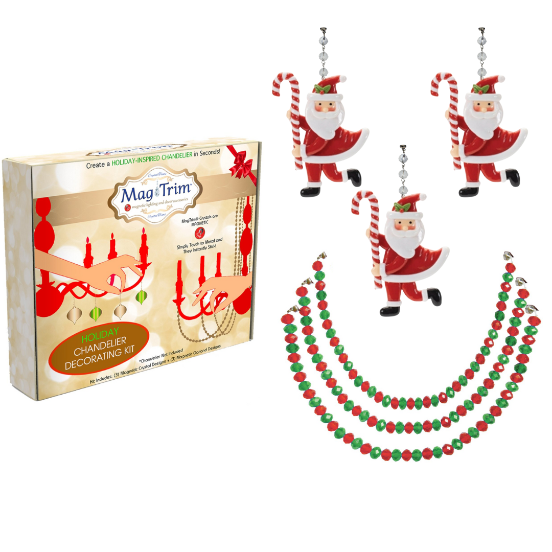 HOLIDAY CHANDELIER MAKEOVER KIT - (3) Santa + (3) 12" Red/Green Bead Crystal Garland