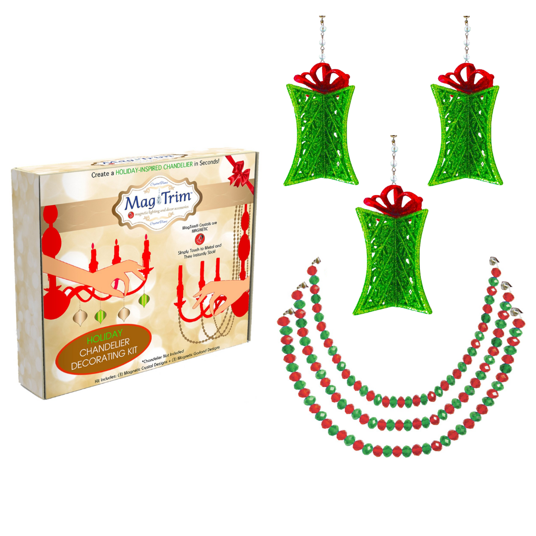 HOLIDAY CHANDELIER MAKEOVER KIT - (3) Red/Green Gift Box + (3) 12" Red/Green Bead Crystal Garland