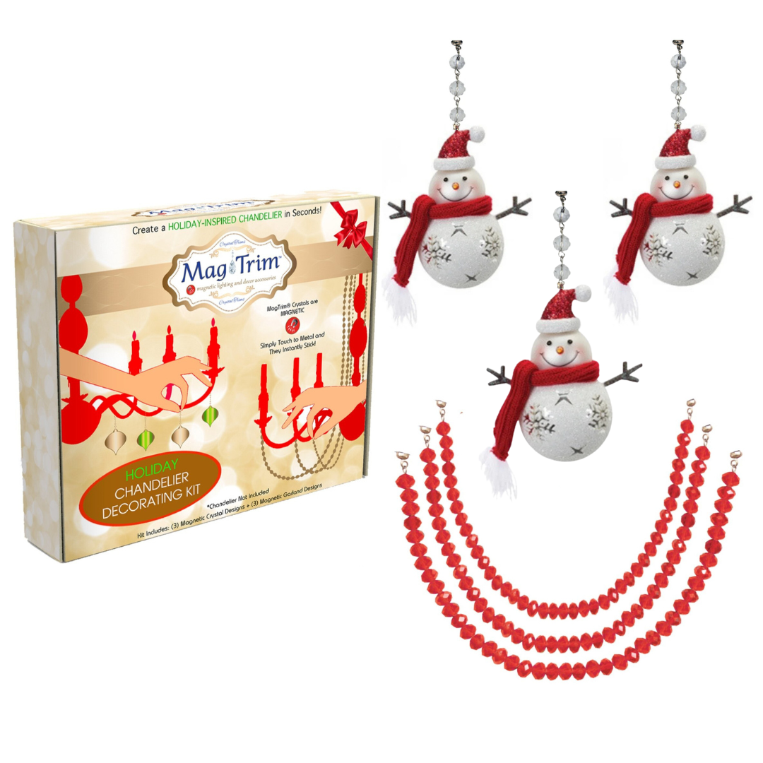 HOLIDAY CHANDELIER MAKEOVER KIT - (3) Red Scarf Glass Snowman + (3) 12" Dark Red Crystal Garland