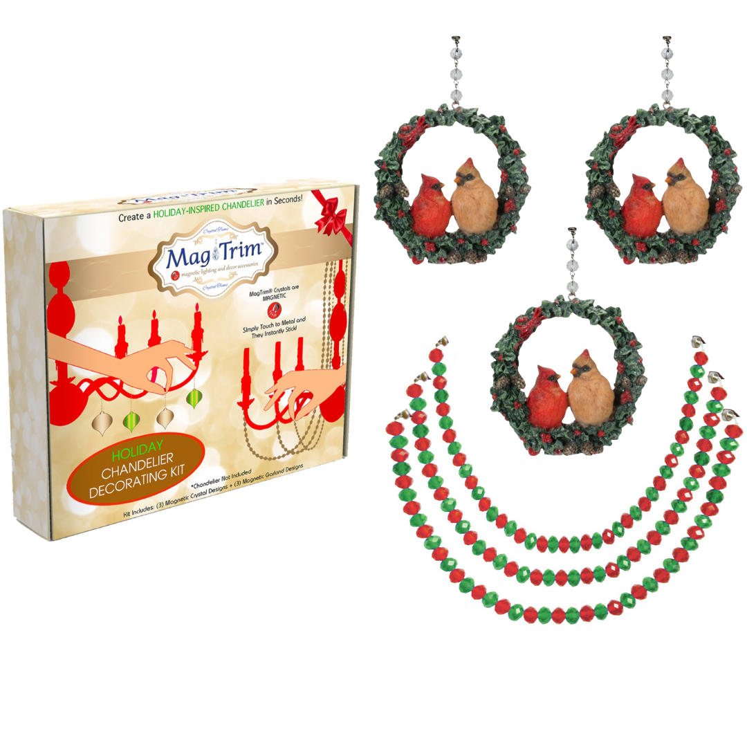HOLIDAY CHANDELIER MAKEOVER KIT - (3) Cardinal Wreath + (3) 12" Red/Green Bead Crystal Garland (Copy)